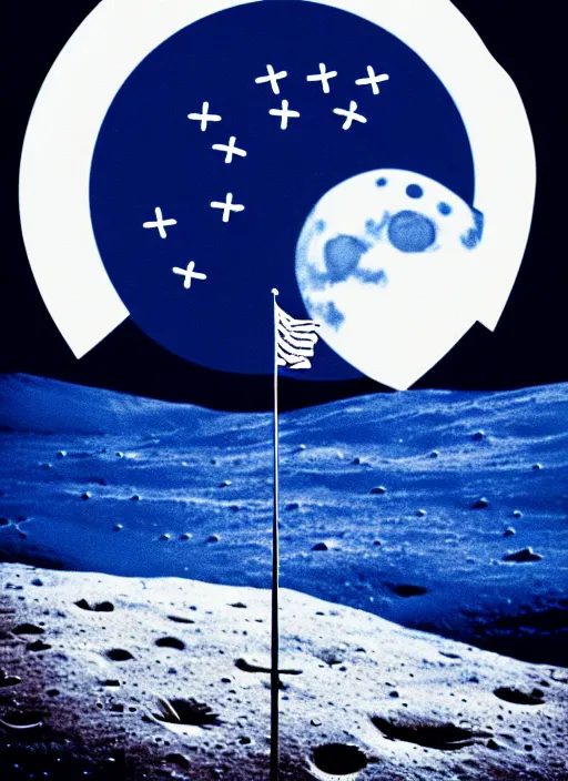 Prompt: photo of moonlanding in finlands blue and white cross flag on the moon, aesthetic, fine art, intricate, elegant, highly detailed, centered, phograph, art station, conceptual art, soft, sharp focus,