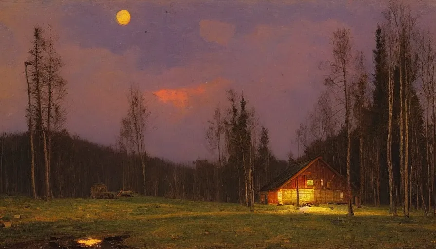 Prompt: wide scene of a siberian cabin at forest's edge with smoking chimney under moonlight, by ilya repin, full resolution