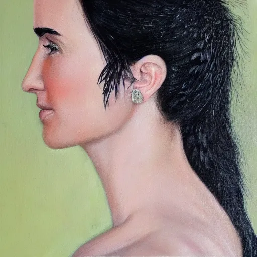 Image similar to detailed realistic oil painting youthful young jennifer connelly with black feathers instead of hair, dark fae, black lips, feathers growing out of skin, feathers growing from arms, black hands with long black claws, pale and sickly, profile view, gothic