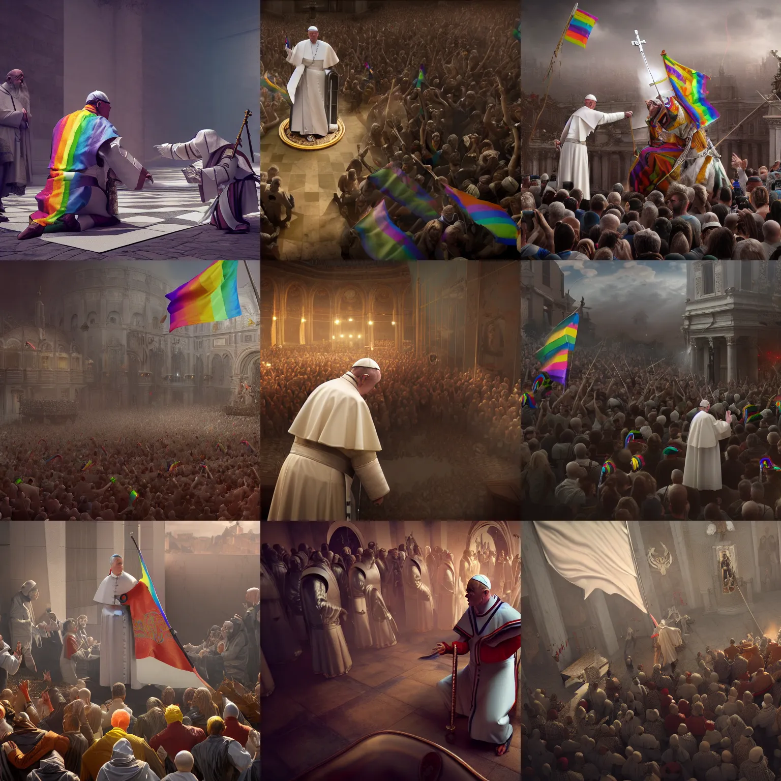 Prompt: Pope is desperately trying to fend off members of the LGBTQ group, photography, highly detailed, HD, sharp focus, smooth, octane render, 4k, artstation, dynamic lighting