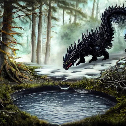 Image similar to highly detailed oil painting of a black dragon in the middle of a geothermal hotspring in the woods, featured on artstation