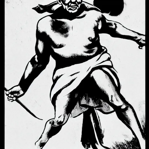 Image similar to Gandhi in an action pose in the style of jack kirby, comic book art, Jack kirby art,