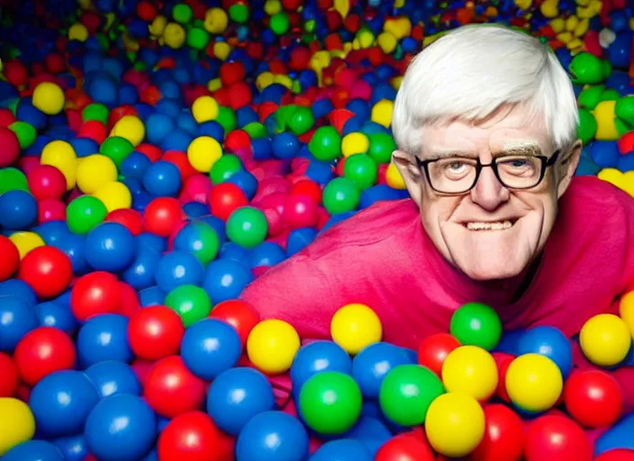 Image similar to photo still of phil donahue in a ball pit!!!!!!!! at age 6 6 years old 6 6 years of age!!!!!!!! hiding from parents, 8 k, 8 5 mm f 1. 8, studio lighting, rim light, right side key light