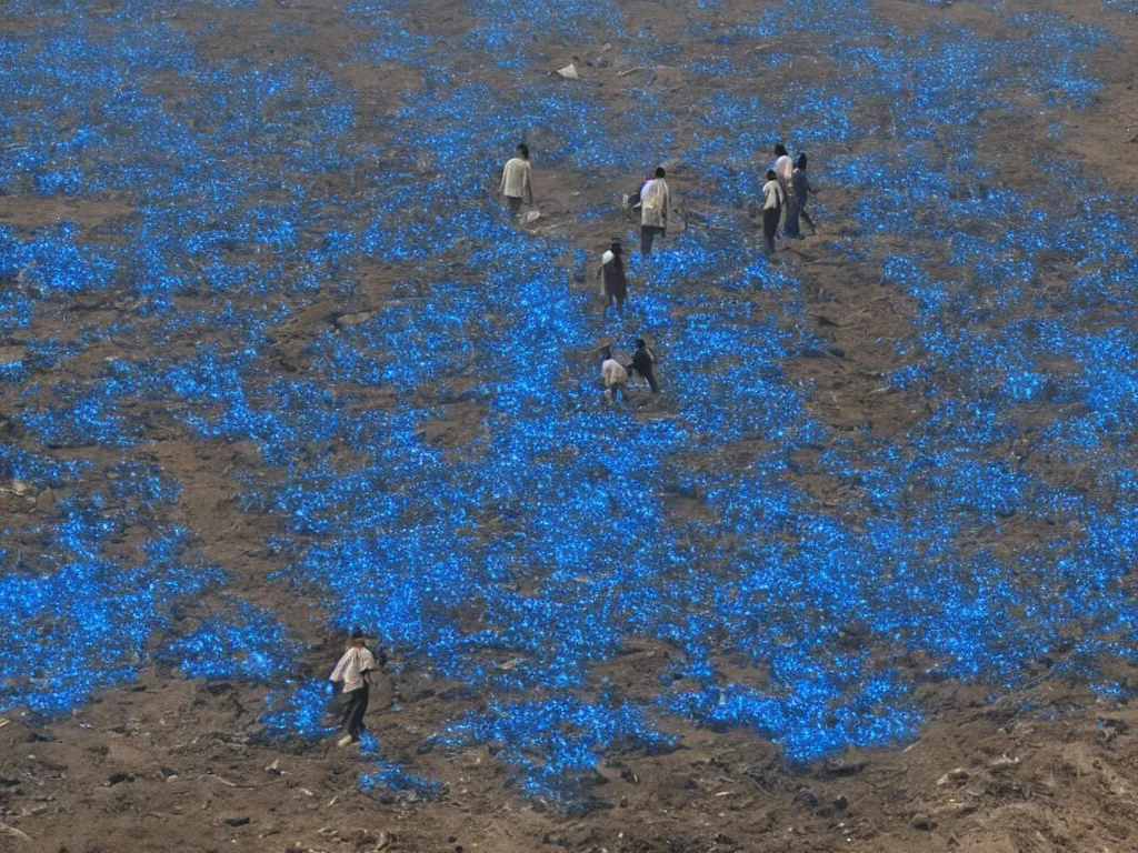 Prompt: china's rural civilian scattered coal burning emits blue light