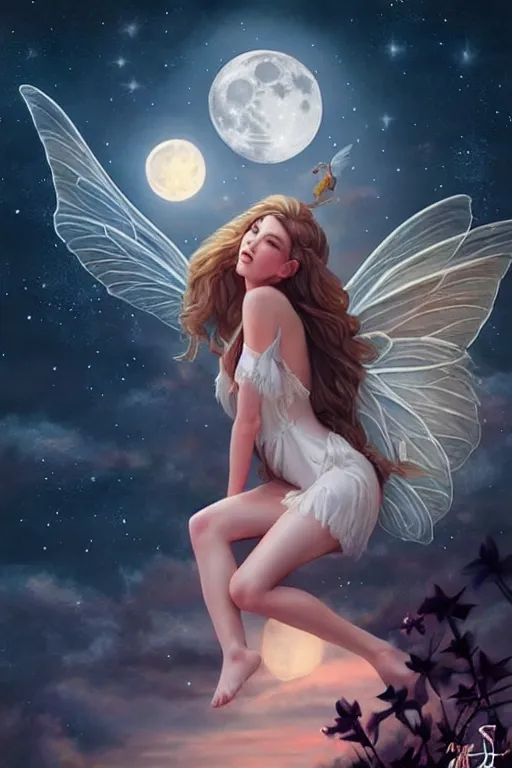 Image similar to attractive fairy magically floating high in the night, fantasy, full moon in background. highly detailed painting by artgerm, mid shot, 8 k