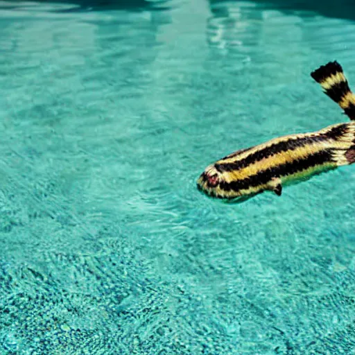 Image similar to striped gremlin swimming in a pool in the desert