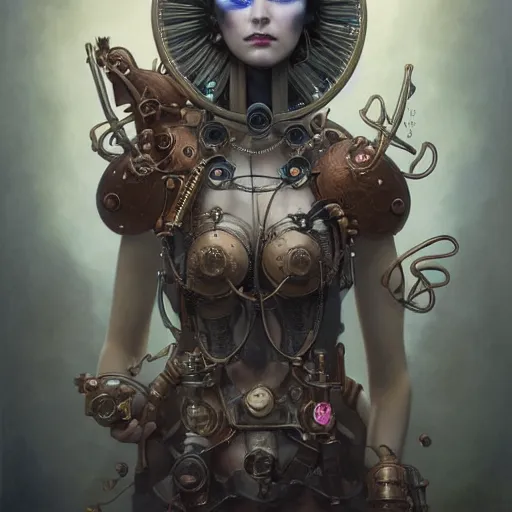 Image similar to by tom bagshaw, photorealist vivid render of a carnival of curiosities marvel, single bald steampunk female in a full ornated armor, gears, cables, led, flying machinery, partial symmetry accurate features, very intricate details, focus, award winning, ultra dense fog, trending on behance