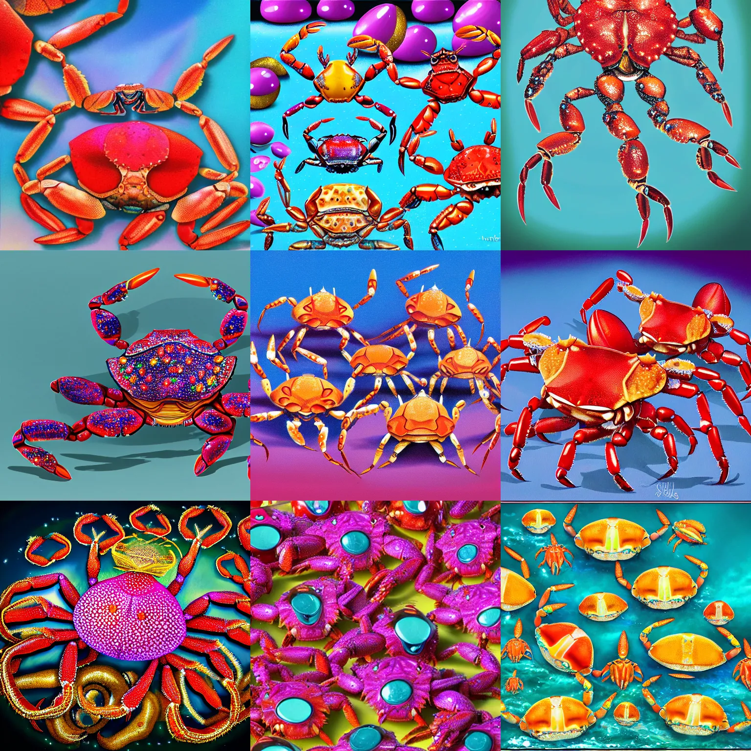 Prompt: a legion of bejeweled crabs, dancing, photorealistic, surreal,