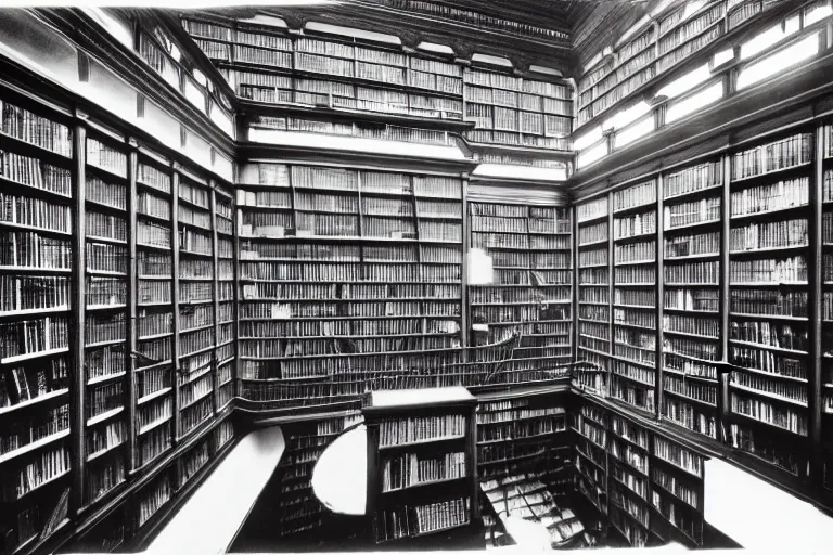 Prompt: interior architectual photo of a monumental great library hall with high ceiling, spiral shelves full of books, volumetric lighting, m. c. escher