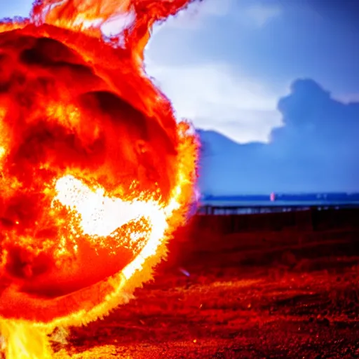 Image similar to red hot burning sphere embedded in fireball explosion with fire, 4 k