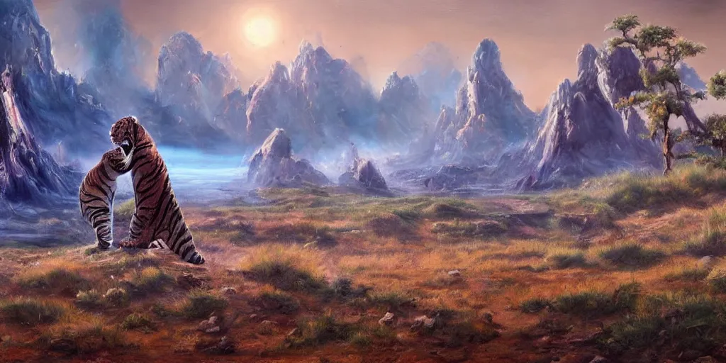 Image similar to alien landscape, bengal tigers, oil painting 8 k, trending on artstation, bob ross, really really good