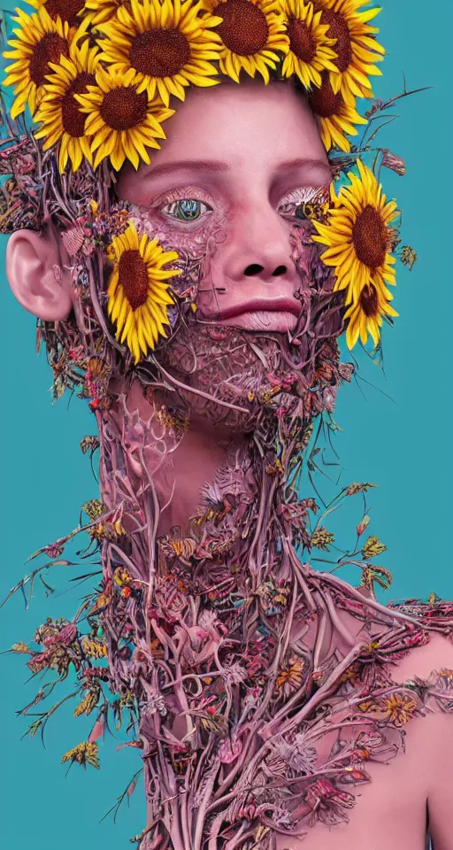 Prompt: cinema 4d colorful render, organic, ultra detailed, of a painted realistic face with growing sunflowers, scratched. biomechanical cyborg, analog, macro lens, beautiful natural soft rim light, smoke, veins, neon, eye dripping blood, winged insects and stems, roots, fine foliage lace, pink and pink details, art nouveau fashion embroidered, intricate details, mesh wire, computer components, anatomical, facial muscles, cable wires, elegant, hyper realistic, ultra detailed, 8k post-production