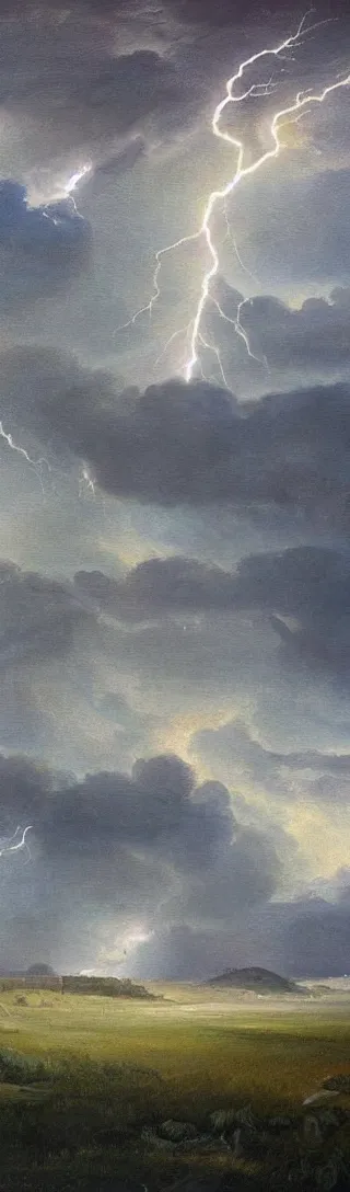 Image similar to lightning in the distance epic landscape painting ultrawide