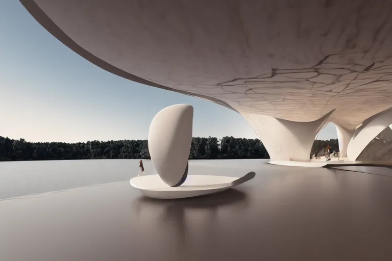 Prompt: pierre cardin's architecture is formed by the intersection of many white egg shaped spherical spaces. on the calm lake surface, people's perspective, future, interior wood, marble, award winning, highly detailed 4 k art, dusk, unreal engine highly rendered, global illumination, radial light, internal environment