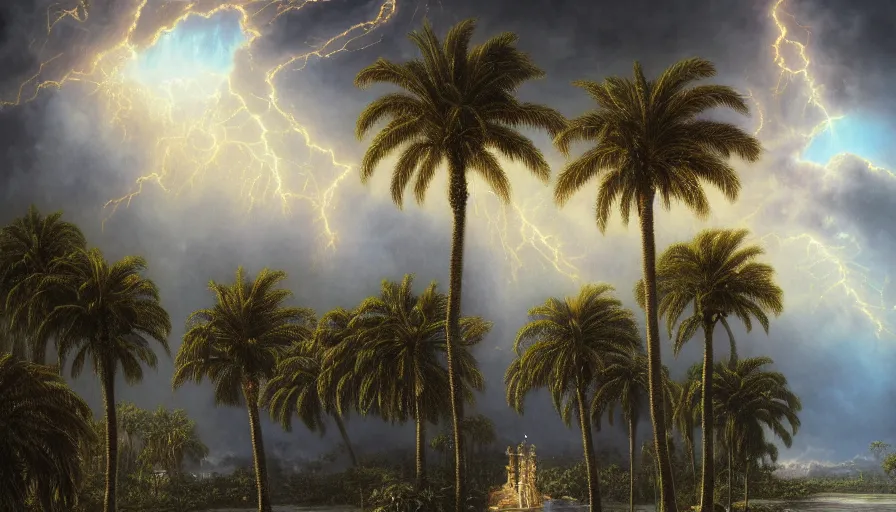 Image similar to a ultradetailed beautiful painting of the thundertorm sky of amazonas palace balustrade designed by gustave dore, derek zabrocki, greg rutkowski, belsinski, beach, trending on artstation, mediterranean, palm trees, sharp focus, colorful refracted sparkles and lines, soft light, 8 k 4 k