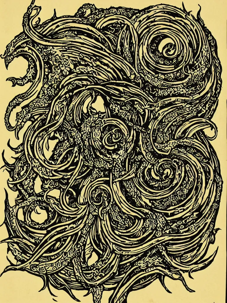 Prompt: old printmaking woodblock print of a intricately detailed tribute to the elder god cthulhu, beautiful dark fantasy, 8k detail