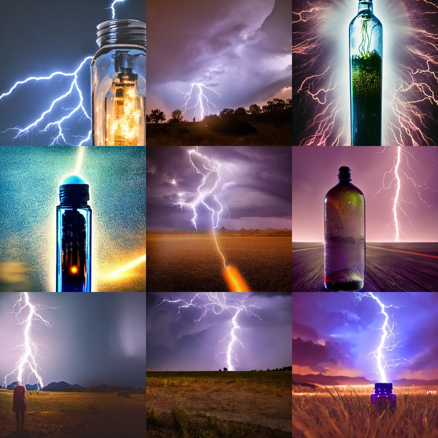 Prompt: Lightning in a bottle, cinematic, dramatic, amazing, 8K 50mm ISO 10, fast shutter speed, lens flare