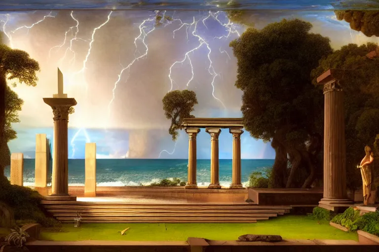 Image similar to Doric temple on front of balustrade and palace columns, refracted lightnings on the ocean, thunderstorm, tarot cards characters, beach and Tropical vegetation on the background major arcana sky and occult symbols, by paul delaroche, hyperrealistic 4k uhd, award-winning, very detailed paradise