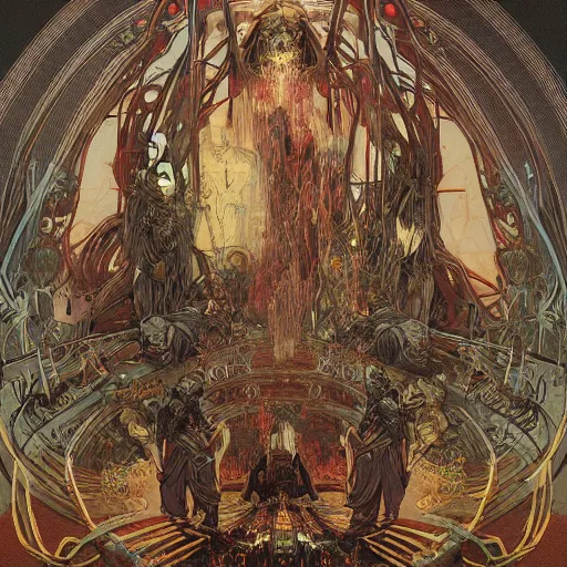 Image similar to gustave dore james gurney greg rutowski yoji shinkawa apophasis shintaro kago apophasis hyperrealism alphonse mucha victo ngai hyperrealism evil satanic shamanic deity combat mech demigod powerful cyborg death god hell hellscape damned souls horrid hyperrealism