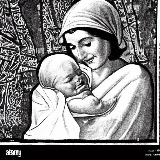 Prompt: 40s illustration of 80 year old sentimental Mediterranean skinned woman in ancient Canaanite clothing holding a newborn baby, crying, awe, love, ancient interior tent background