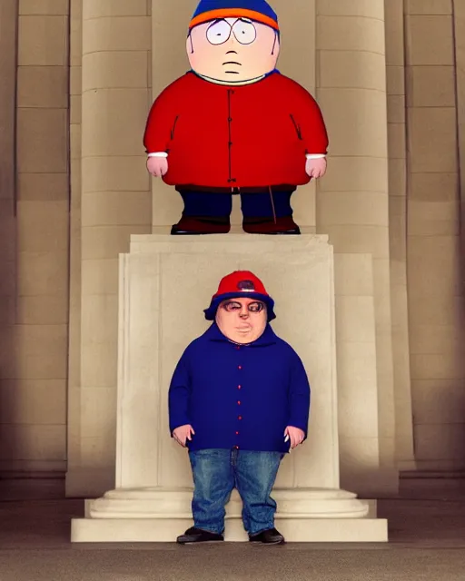 Prompt: Studio Photograph of a real life Eric Cartman from South Park shot in the Style of Annie Leibovitz in front of the Lincoln Memorial