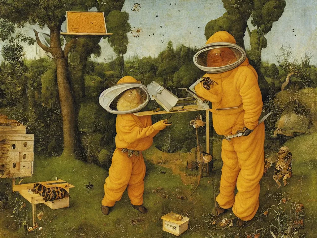 Image similar to portrait of man in beekeeping suit with a creature. painting by bosch, maria sybilla merian, codex seraphinianus, agnes pelton