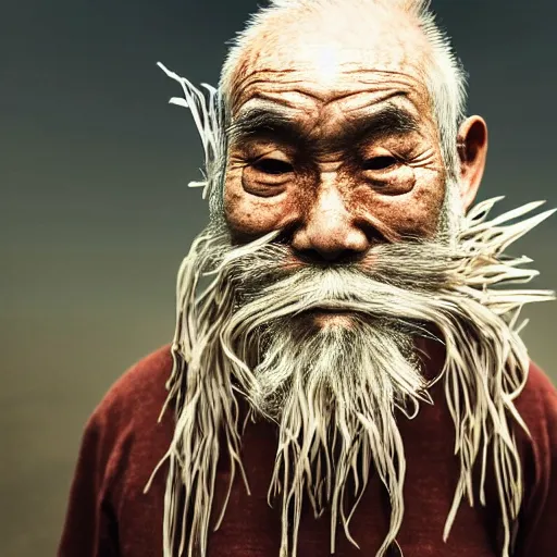 Image similar to full body shot of floating old asian man with long beard, his head covered in roots, full face occult silver mask, glowing eyes, wearing a large carved wooden fractal stick, smoke around him, in the burning soil desert, cinematic shot, wide angle, desert background, dry volumetric lighting by Denis Villeneuve, Lubezki, Gaspar Noe Christopher Doyle and Alejandro Jodorowsky, anamorphic lens, anamorphic lens flares, kodakchrome, cinematic composition, practical effects, award winning photo, 8k