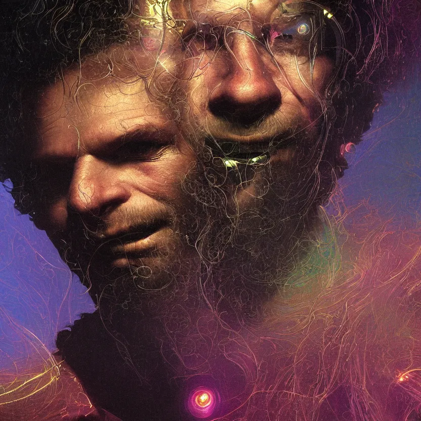 Prompt: a baroque neoclassicist close - up portrait of a silhouetted aphex twin with iridescent metallic sci - fi technology. detailed textures. glowing colorful fog, dark black background. highly detailed fantasy science fiction painting by moebius, norman rockwell, frank frazetta, and syd mead. rich colors, high contrast. artstation