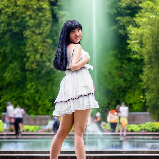 Prompt: a full body portrait of a young maid standing before a fountain in a park, 8k, cinematic, photo taken with Sony a7R camera, by William-Adolphe