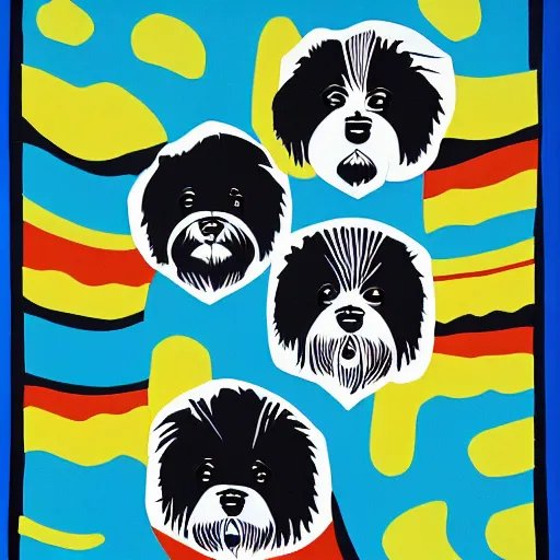 Prompt: tlingit haida lithographic, havanese dog, abstract, lithograph print by nathan jackson and tristan - wolf and maynard johnny jr. and cori savard