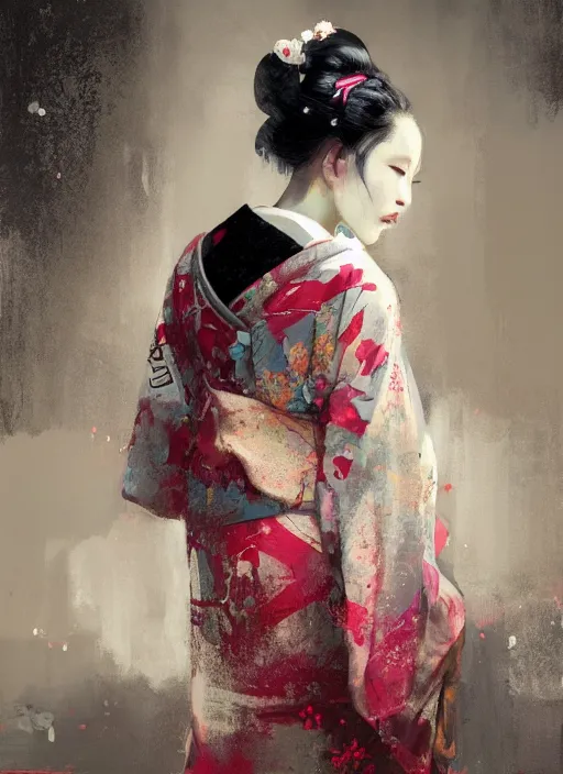 Image similar to female geisha girl, beautiful face, neon, rule of thirds, intricate outfit, spotlight, by greg rutkowski, by jeremy mann, digital painting