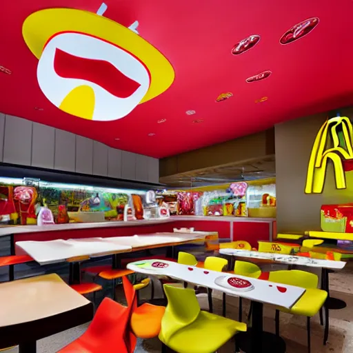 Image similar to Mcdonalds designed by Takashi Murakami, interior pop art design