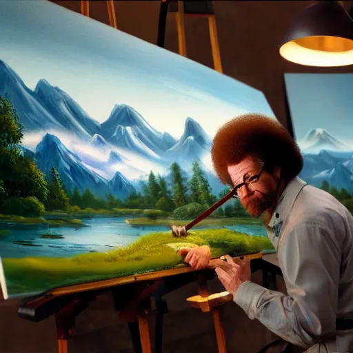 Image similar to a closeup photorealistic photograph of bob ross working on a canvas painting of mickey mouse. film still. brightly lit scene. mountains and trees. this 4 k hd image is trending on artstation, featured on behance, well - rendered, extra crisp, features intricate detail, epic composition and the style of unreal engine.