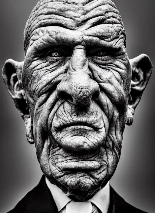 Image similar to A portrait photo of a very old cyclope man , high contrast, black and white