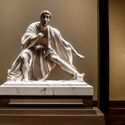 Prompt: a realistic greek white marble statue of adam sandler wearing a ghostly toga getting kicked in the balls, displayed in a museum art gallery, moody, dramatic lighting, dark, photorealistic, cinematic scene, super detailed, hyper realistic, bright lights, 8 k