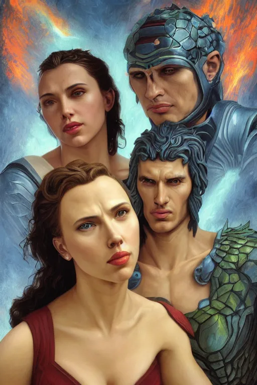 Image similar to A fantasy comic book style Oil Painting portrait of Scarlett Johansson and Gal Gadot, as Atlantean Reptilian Warriors, Mystical Valkyrie, unreal 5, DAZ, hyperrealistic, octane render, Regal, Refined, Detailed Digital Art, RPG portrait, William-Adolphe Bouguereau, Michael Cheval, Walt Disney (1937), François Boucher, Steampunk, Josephine wall, dynamic lighting, Highly Detailed, Cinematic Lighting, Unreal Engine, 8k, HD