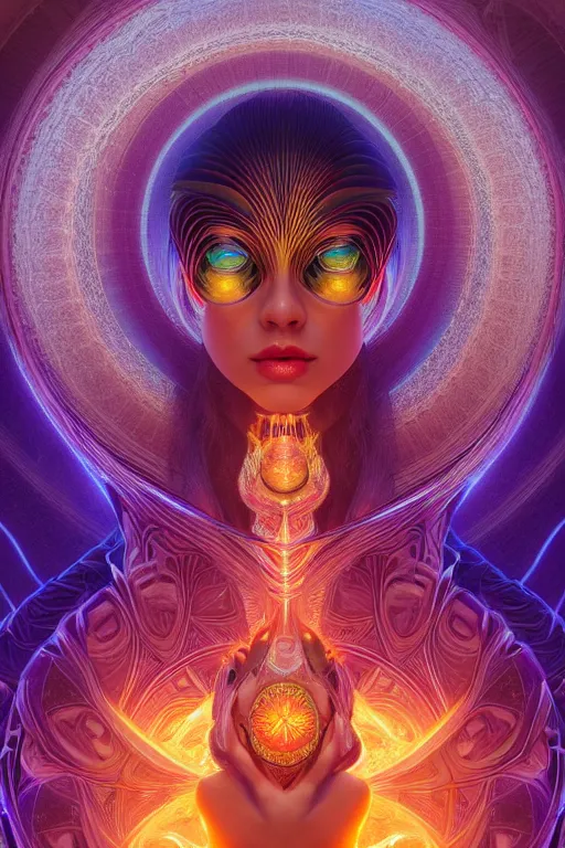 Prompt: a centered render of an alluring goddess wearing a psychedelic bio - mech mask is surrounded by a glorious sacred energy made from geometry and spiral mandel bulb fractals, powerful, cinematic, beautifully lit, by artgerm, by karol bak, 3 d, trending on artstation, octane render, 8 k