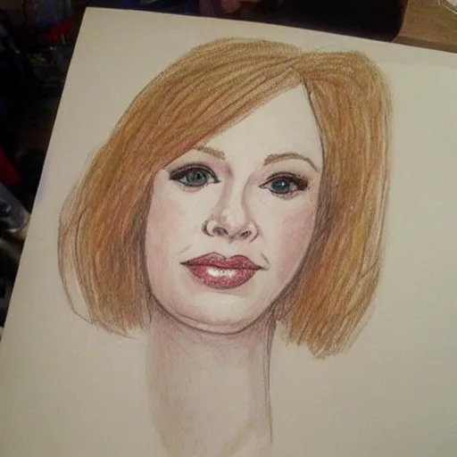 Prompt: a child drawing christina hendricks by craiyon, funny,