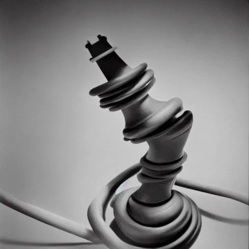 Prompt: chess piece attached to a machine with cables in an empty white room, concept art, packshot by Edward Weston