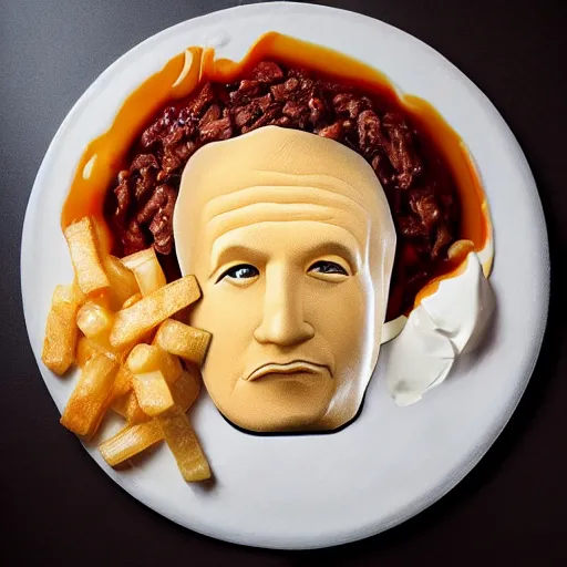 Image similar to A photograph of a poutine the Canadian dish composed of cheese in the shape of the head of vladimir poutine, ultra realistic, photography, very detailed, 8K , food