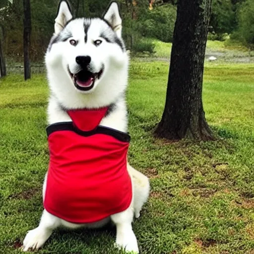 Prompt: a husky wearing a red shirt and looking at a phone screen