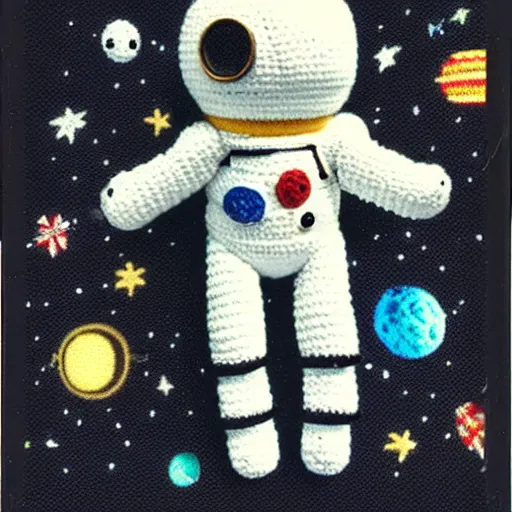 Prompt: polaroid of a cute toy crochete astronaut in real space