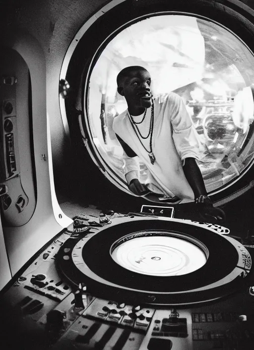 Prompt: a analogue photo of a African tribal dj in a spaceship, planet earth seen in porthole window, wide angle, photography by Martha Cooper