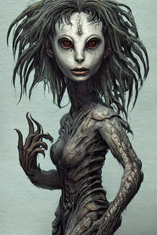 Prompt: beautiful siren, deceptive monster, creature concept art, weta studios, Guillermo Del Toro, pans labyrinth