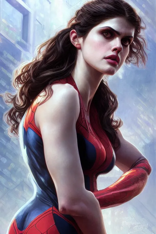 Image similar to alexandra daddario as spider girl, realistic portrait, symmetrical, highly detailed, digital painting, artstation, concept art, smooth, sharp focus, illustration, cinematic lighting, art by artgerm and greg rutkowski and alphonse mucha