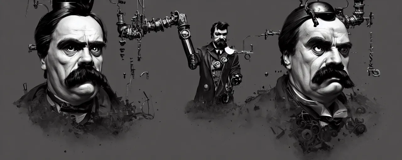 Prompt: duotone dark concept illustration 3 / 4 portrait of friedrich nietzsche with marvel thor hammer as steampunk cyborg smoke all around. highly detailed mechanism cinematic volumetric ghastly lighting. by sachin teng and sergey kolesov and ruan jia and heng z. graffiti art, scifi, fantasy, hyper detailed. octane render. concept art. trending on artstation