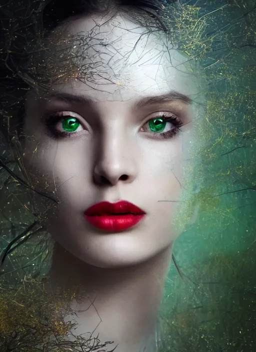 Image similar to double exposure effect, glowing silver and golden elements, full close-up portrait, realistic female model from shutterstock as a dark witch, book cover, green forest, white moon, red lips, establishing shot, extremly high detail, photo-realistic, cinematic lighting, pen and ink, intricate line drawings, by Yoshitaka Amano, Ruan Jia, Kentaro Miura, Artgerm, post processed, concept art, artstation, matte painting, style by eddie, raphael lacoste, alex ross