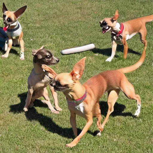 Prompt: 4 chihuahua dogs fight a titanosaur rex