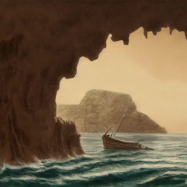 Image similar to photorealistic sepia painting of a 1 9 2 0 s fishing boat sailing in front of a tropical island cliff with the mouth of a grotto at the waterline, dark, brooding, atmospheric, lovecraft, by dave dorman