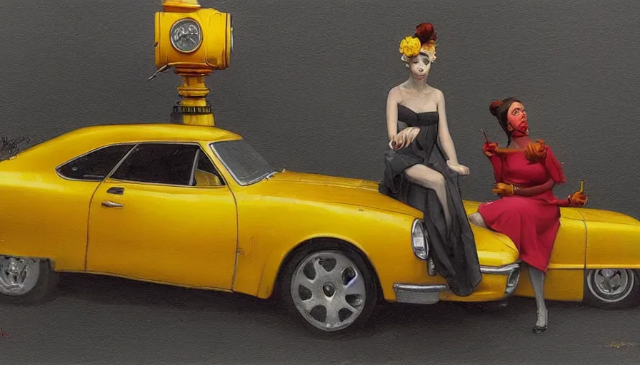 Prompt: a picture of a yellow-car parked next to a red-hydrant with a woman in a yellow-dress sitting on the hood, BEUTIFUL!, surreal, in style of Tom Bagshaw, artgerm, norman rockwell, Edward Hopper